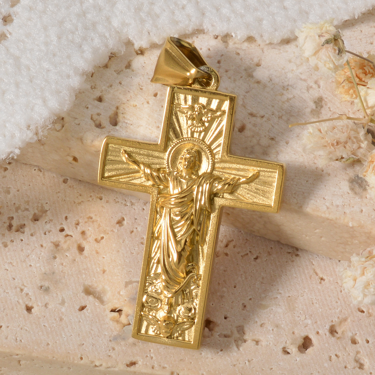 Vintage 3D Relief Christian Cross Stainless Steel Pendant, Couples Gift